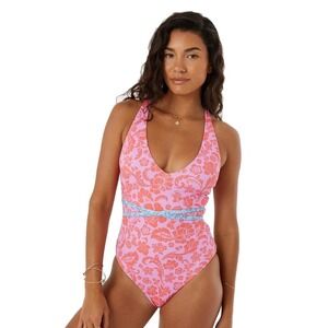 NWT Roxy Women Multicolor Tummy Control One Piece Strappy Swimsuit- Large